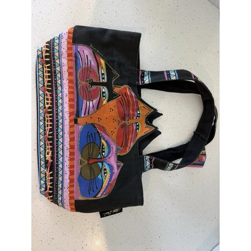 Laurel Burch Tres Gatos 3 Cats Feline Cutout Multicolor Cotton Fabric‎ Handbag